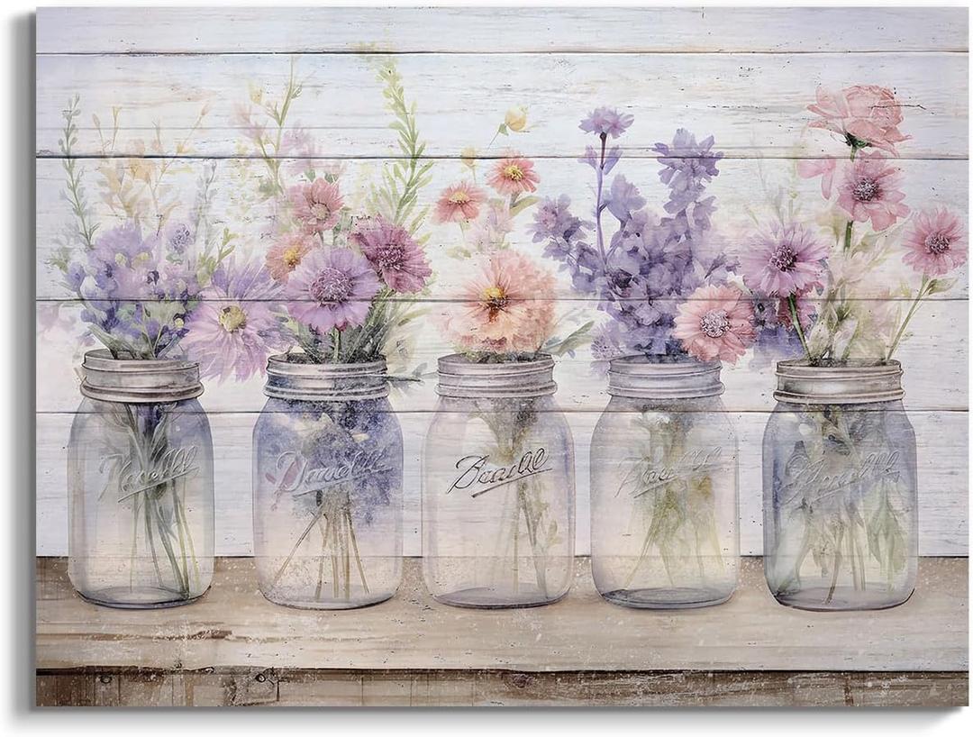 Farmhouse Decor Wall Art Purple Pink Flowers Painting Prints Watercolor Floral Plants Picture Still Life Wall Decor Framed Artwork for Girls Room Bedroom Bathroom Home Office Decoration - 18x24 Inch