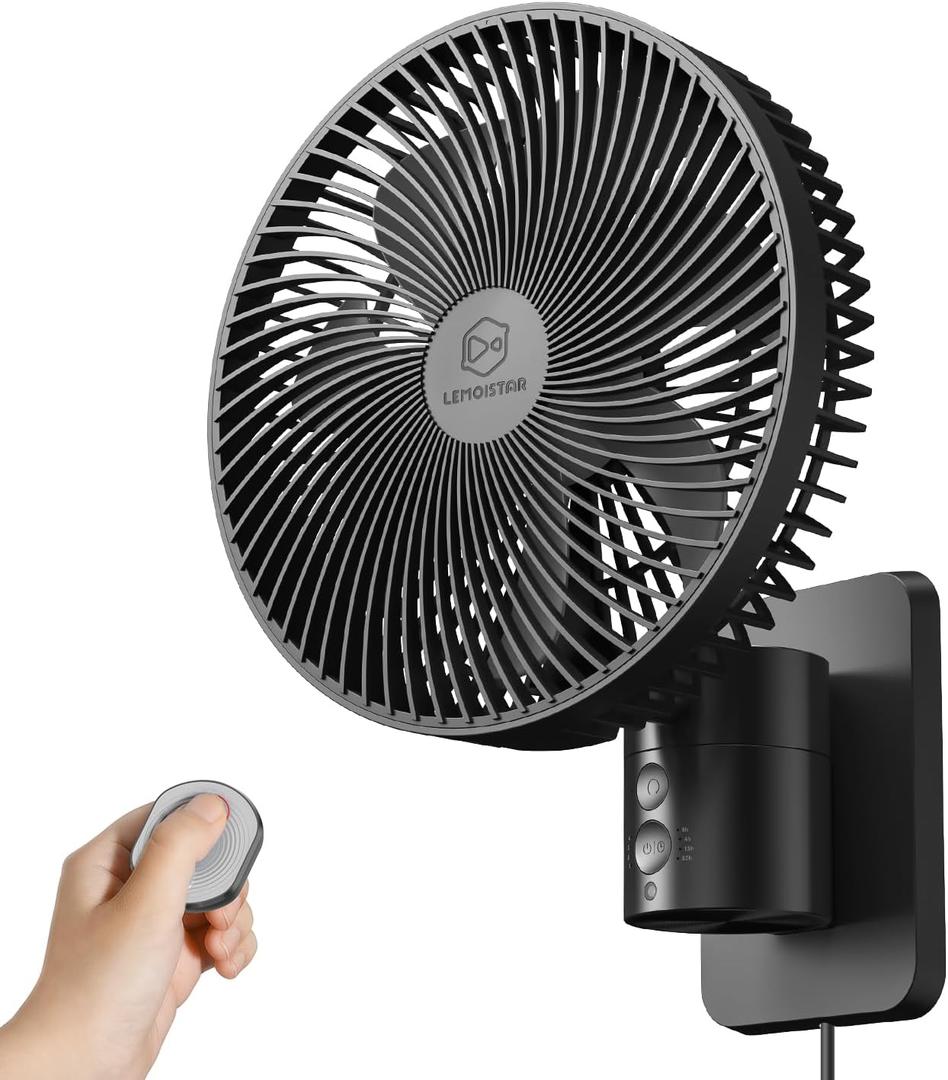 LEMOISTAR 8 Inch Small Wall Mounted RV Fan with Remote Control, 90 Oscillating, 4 Speeds, 4 Timer, Adjustable Tilt, 70 Inch Cord, Quiet, for Corner Bedroom Home Office Garage
