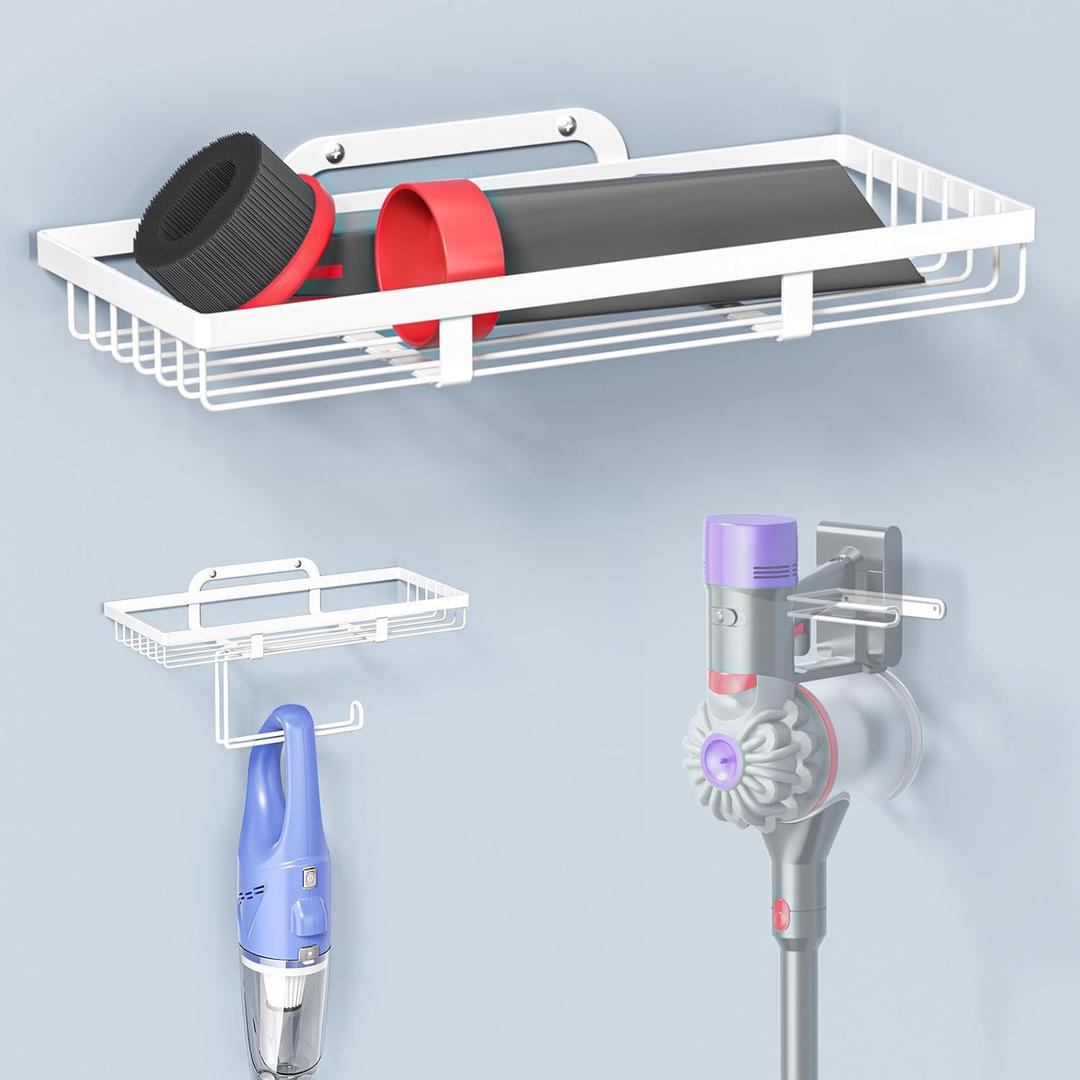 Vacuum Holder Wall Mount, Cordless Vacuum Wall Mount Holder for Handheld & Stick Vacuums Accessories, Heavy Duty Metal Vacuum Stand with Storage (White)
