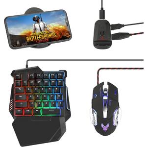 Half Hand Gaming Keyboard and Mouse Combo Laelr 35 Keys PUBG Wired Mechanical RGB Backlit Keyboard with Wrist Rest Wired Gaming Mouse Converter for Android iOS Phone Game Not Support iOS 13.4 & Above (350*185*50mm)