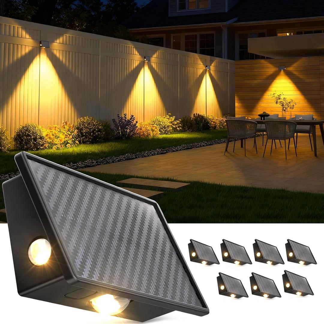 JSOT Solar Fence Lights Outdoor - 8 Pack Waterproof Deck Stair Step Light 5 Lighting Modes for Backyard Garden Wall Outside Patio Decor (Warm Light)