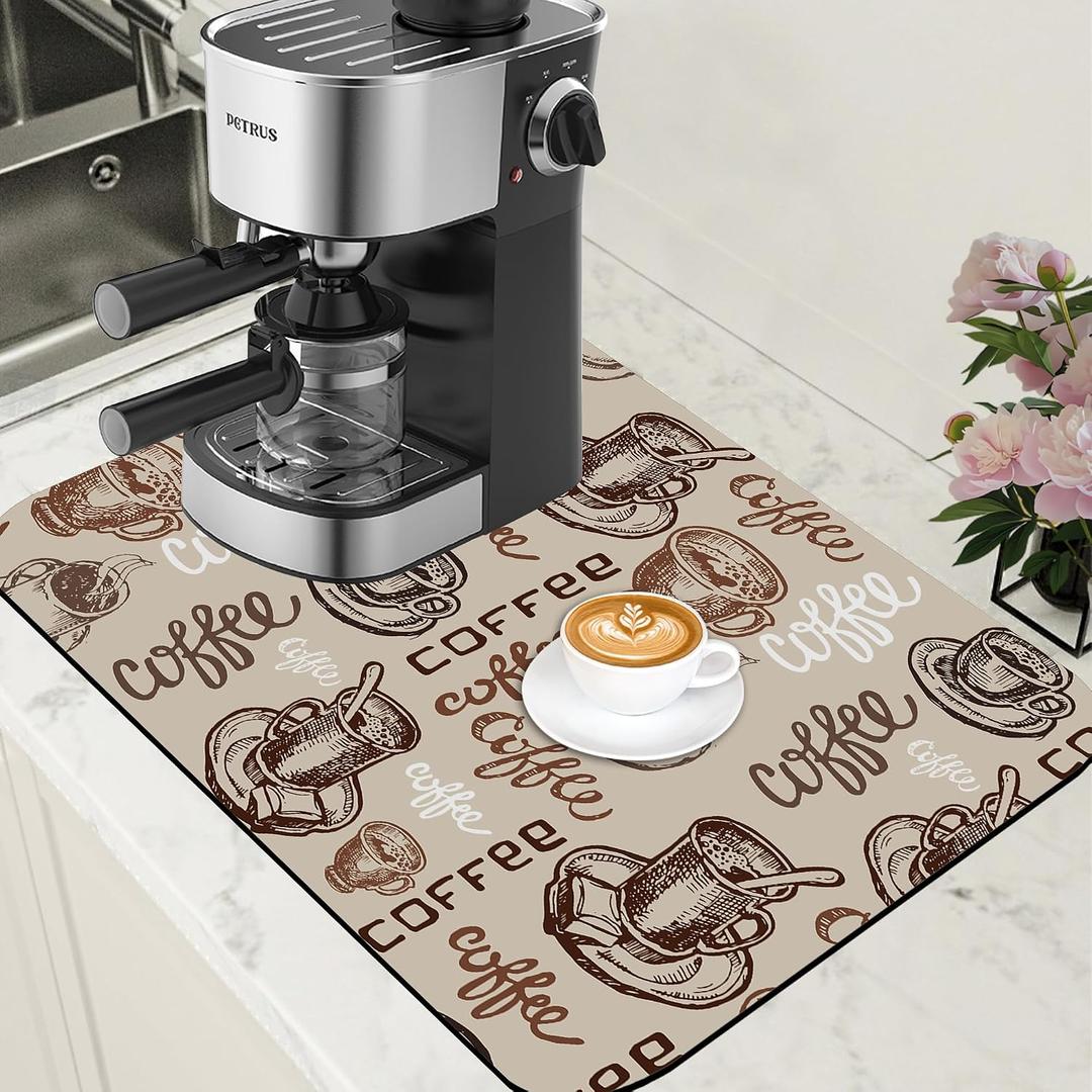 Coffee Cup Dish Drying Mat Cute Doodle Coffee Bar Mat for Countertop Absorbent Rubber Backed Hide Stain Dish Drainer Rack Pad Espresso Machine Dining Room Decoration 15.7 x 23.6 Inch