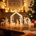 13 Pcs Wooden Nativity Scene Set Figures,Holy Family with Wooden Arched Stable and Figurines Including Baby Jesus, Mary, Joseph and More, Wood Religious Collections for Indoor Home Tabletop Decor