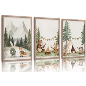 Woodland Animal Nursery Canvas Wall Art Fox Bear Rabbit Hedgehog Paintings Pictures Safari Nursery Wall Decor Forest Animals Camping Campfire Poster Print Artwork for Boys Kids Room Home Decoration