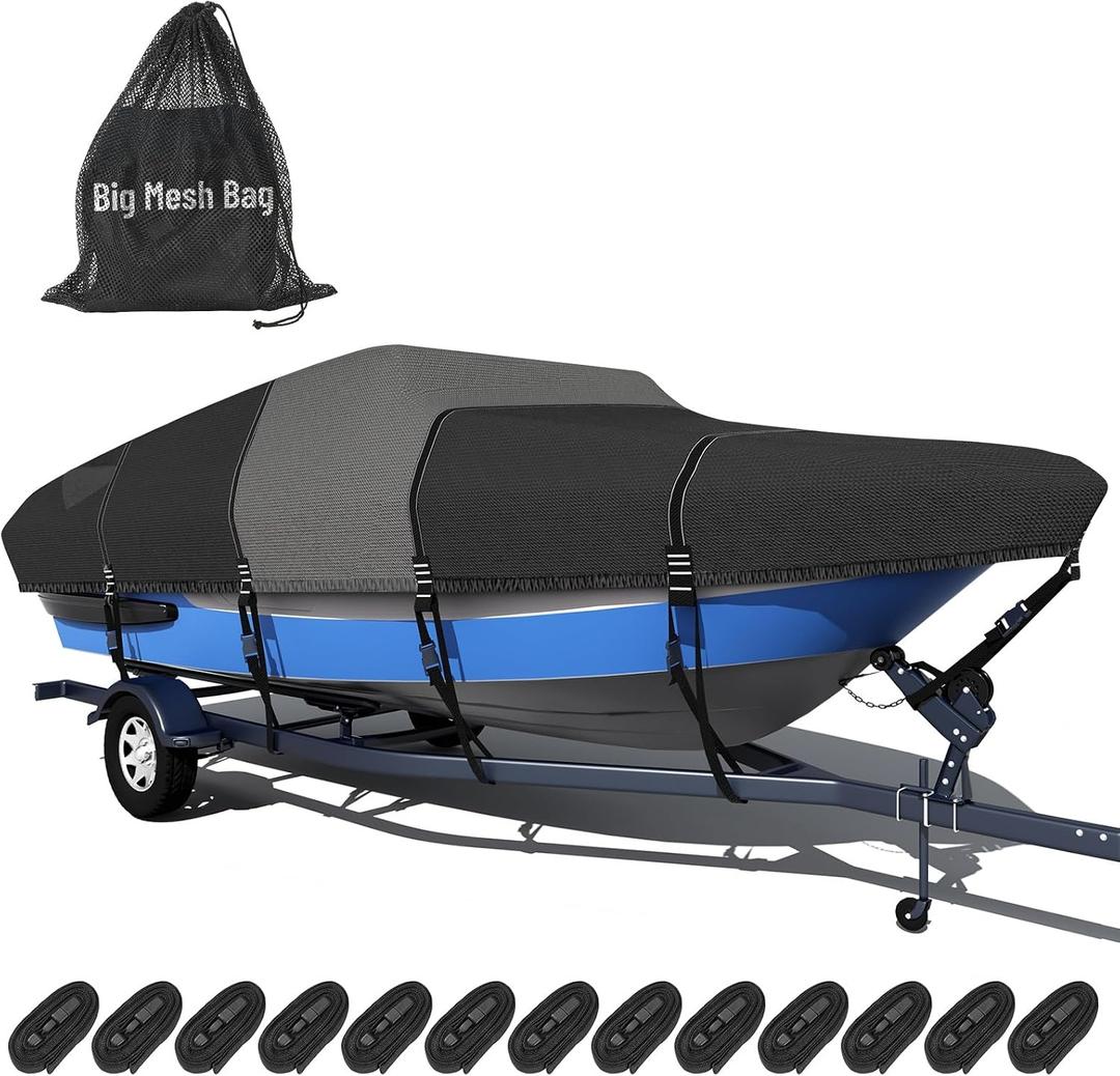 1600D + 1200D Boat Cover with 2" Wide Loops for Trailering and Mooring - Ultra Durable Waterproof Fits 22-24ft Tri-Hull, V-Hull, Runabout, Fish & Ski Boat, Bass Boat, with Storage Bag