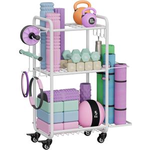 Weight Rack for Home Gym, All in One Yoga Mat Storage Rack, Workout Equipment Storage with Wheels and Hooks for Dumbbells Kettlebells Foam Rollers, Powder Coated (White)