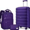 Carry On Luggage 22x14x9 Airline Approved, 22 Inch PP Hardshell Luggage Carry-on Suitcase with Spinner Wheels, Carry On Suitcase Set for Women(Purple) (20IN+BP/TB, Grape Purple 3Pcs)