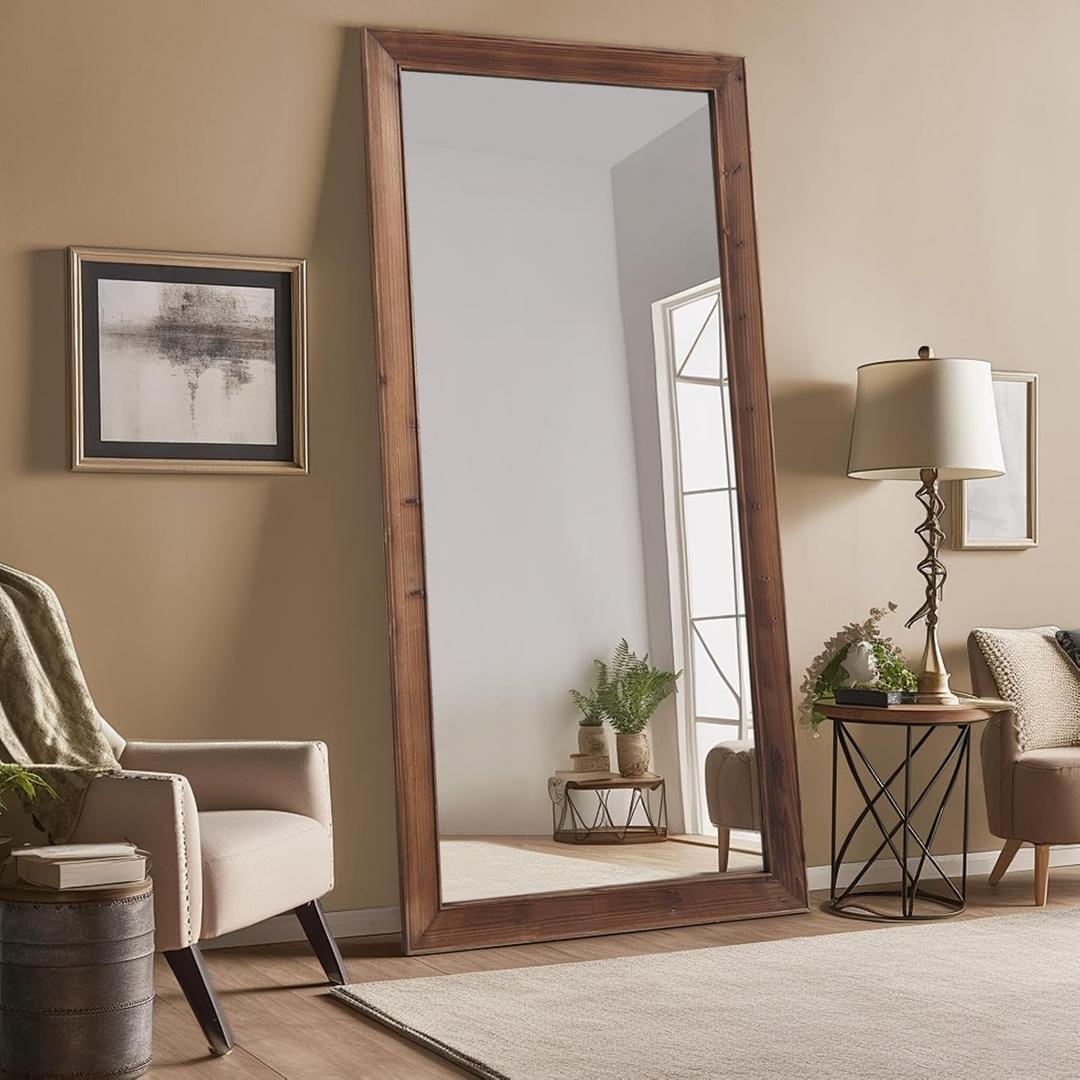Rustic Farmhouse Full Length Mirror with Stand 71"X32" Large Wood Frame Floor Mirror, Leaning or Wall Mounted Free Standing Mirror for Entryway Bedroom Living Room, Tempered Glass, Brown