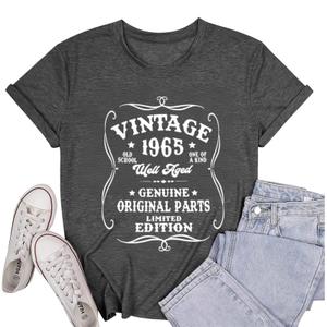 Migxsaf 61th Birthday Shirts for Women Vintage 1965 Sixty 61 Year Old Shirt Gifts Graphic Tee Retro Party Tshirts(Deep Gray,2XL)