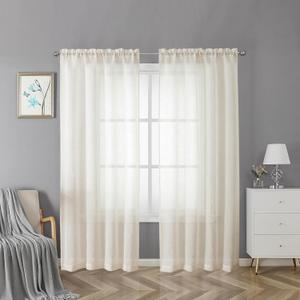 Lecloud Doris Slub Textured Sheer Linen Curtains 72 Inch Length 2 Panels, Double Rod Pockets Window Living Room Curtain for French Door, Solid Voile Kitchen Bedroom Window Drapes, 40x72 Inches