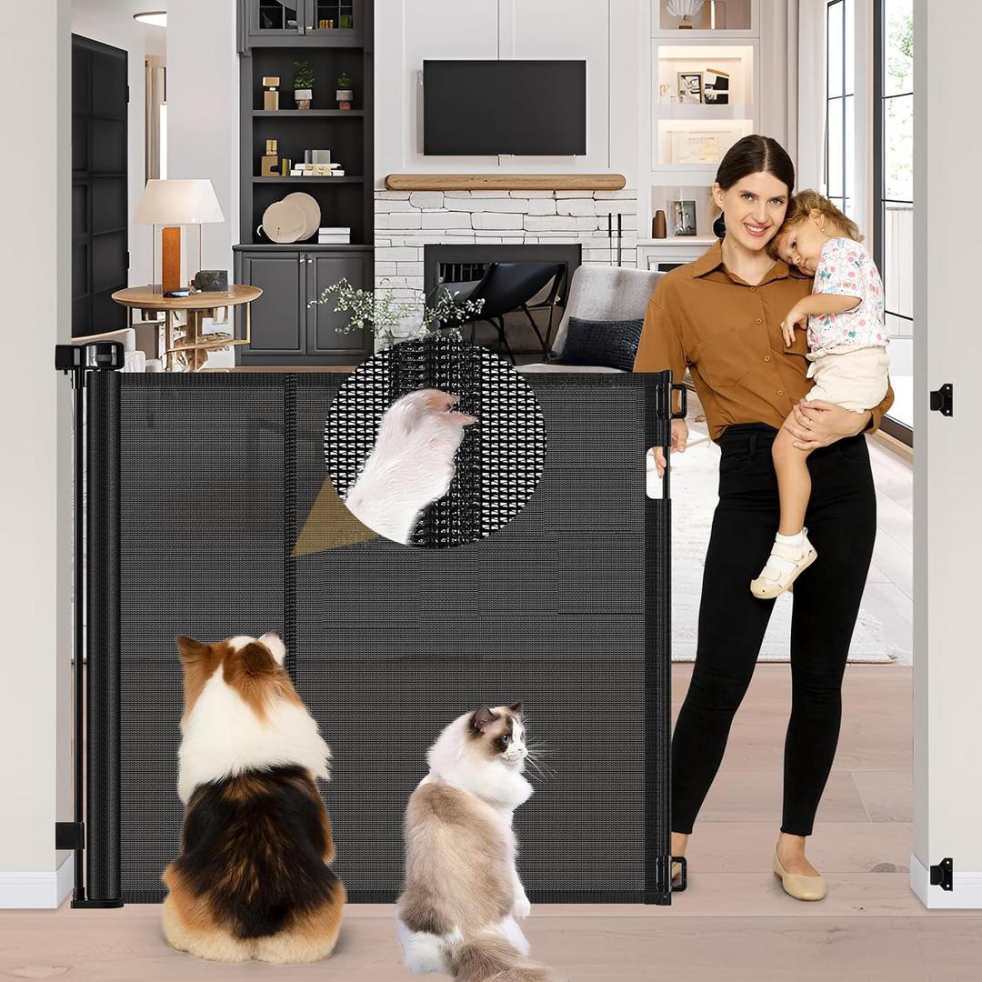 Reinforced 42" Extra Tall Pet Gate 55" Wide Retractable Baby Gate with Support Rods - Retractable Dog Gate Indoor/Outdoor Retractable Gate, Bottom Anti-Escape Tall Dog Gates for Doorways, Black
