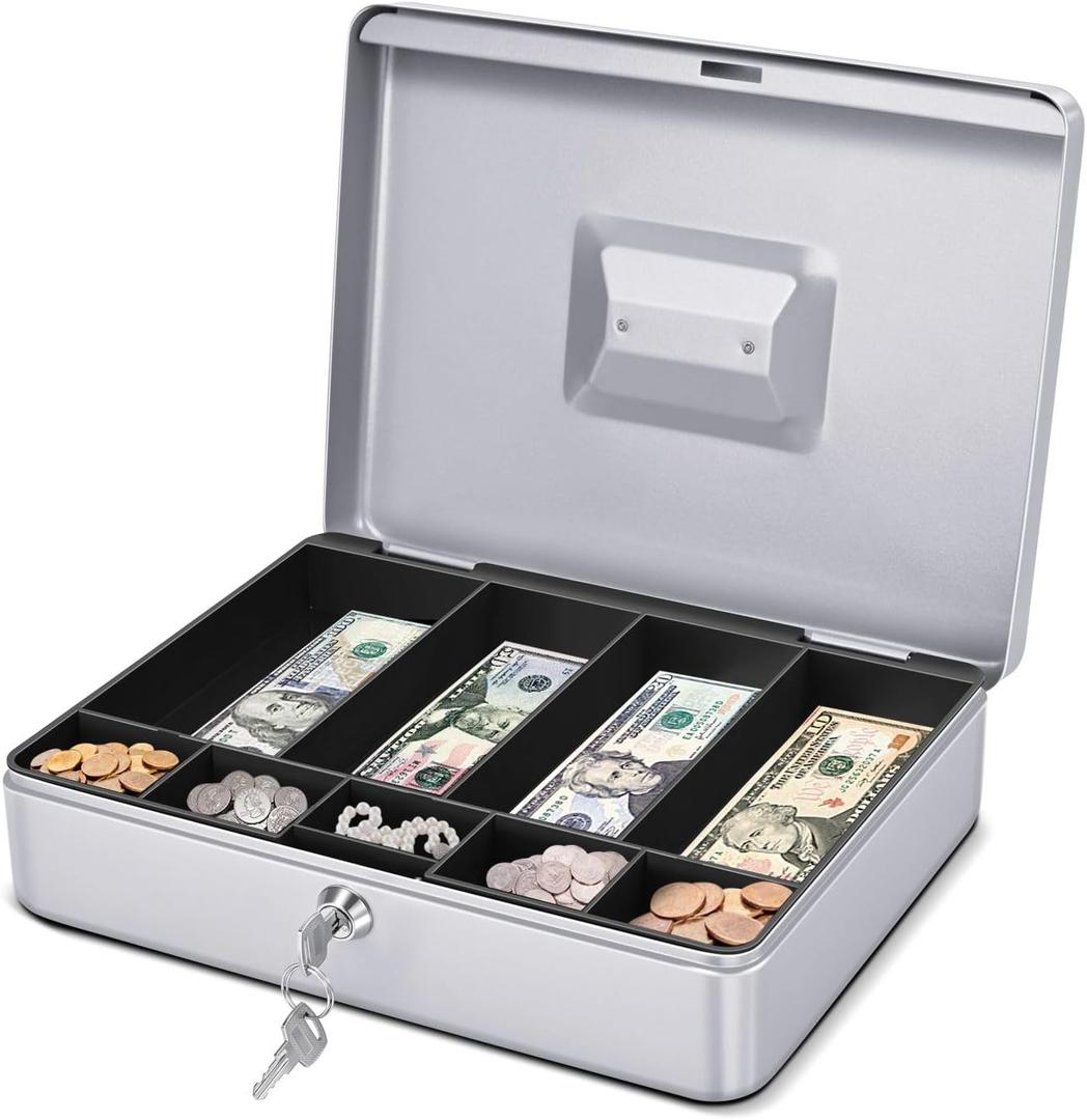 Flexzion Cash Box with Money Tray and Lock - Metal Cash Box for Small Businesses, 9-Compartment Silver Money Box with Removable Tray and Key, Portable Storage for Checks and Coins