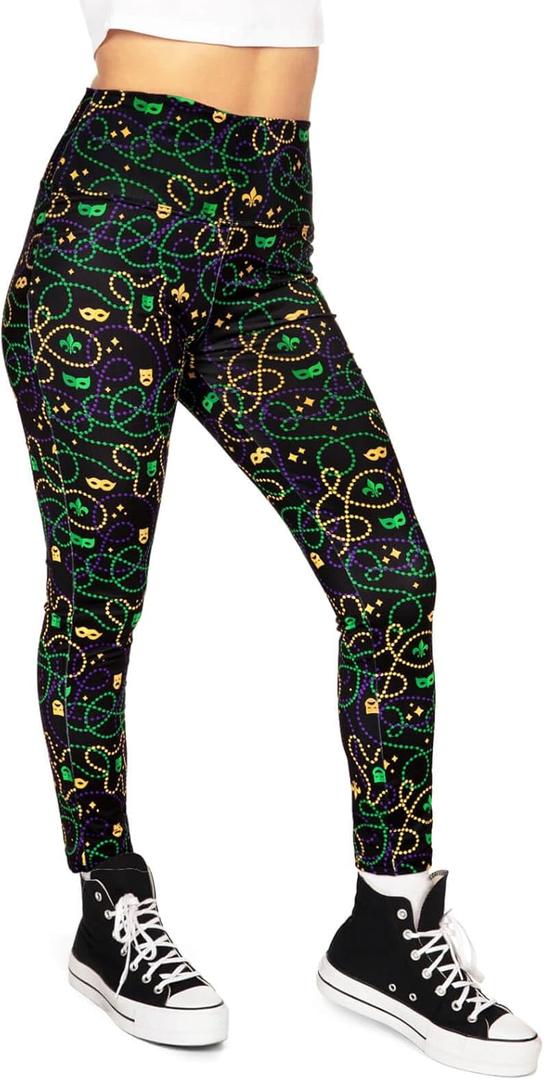 Tipsy Elves Mardi Gras Leggings - Comfortable Non See-Through Mid and High Waisted Stretch Leggings