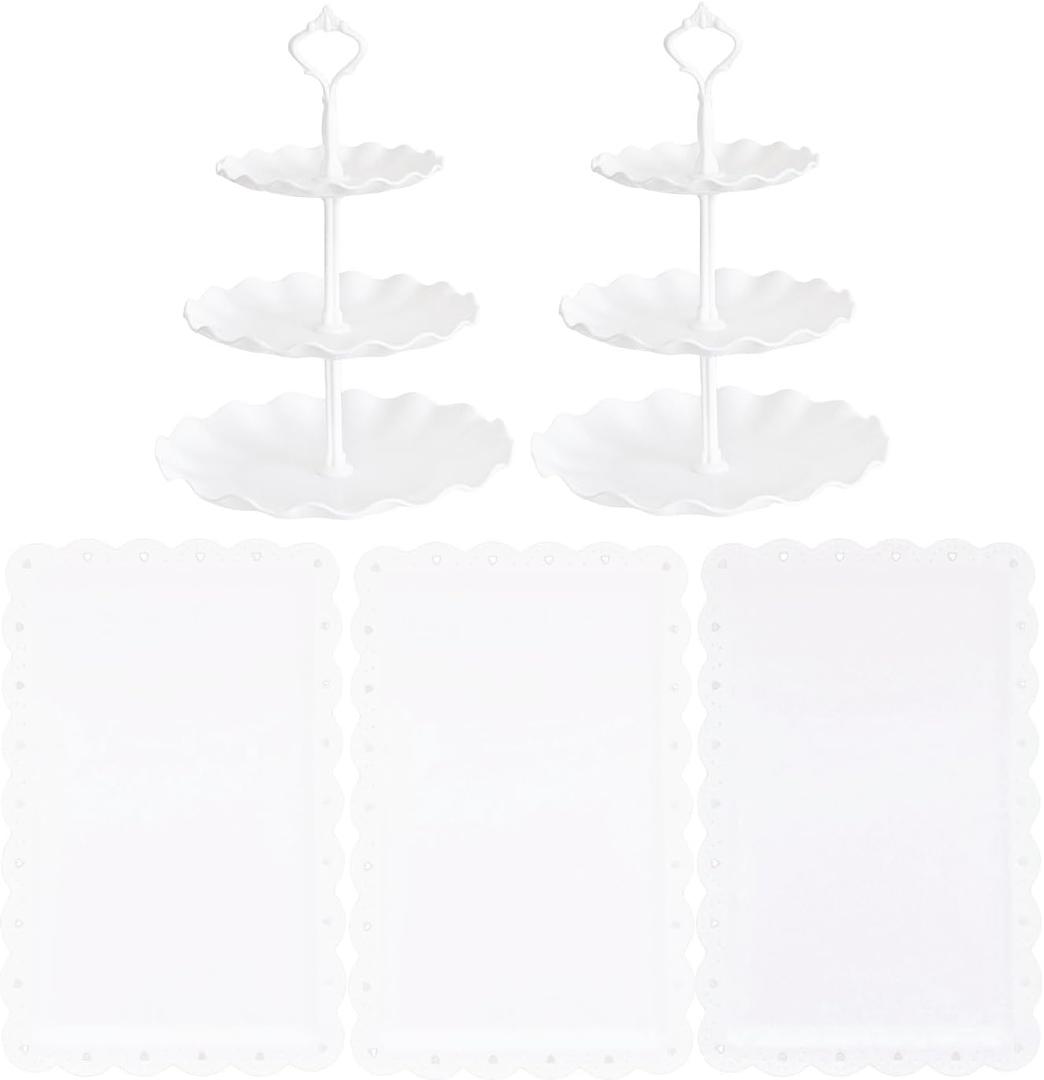 RAUVOLFIA 5 Pcs Dessert Stand Set, 2X Small 3 Tiers White Plastic Cupcake Stand Holder & 3X Rectangle Party Serving Trays/Platters for Wedding Birthday Baby Shower Tea Party Buffet (White) RAUVOLFIA 5 Pcs Dessert Stand Set, 2X Small 3 Tiers White Plastic Cupcake Stand Holder & 3X Rectangle Party Serving Trays/Platters for Wedding Birthday Baby Shower Tea Party Buffet (White)