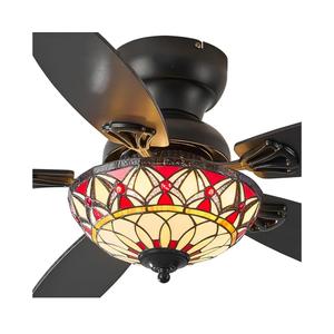 Tiffany Ceiling Fans with Lights - 48" Ceiling Fan Chandelier with 5 Dual-Blades and Glass Shade, 6 Speeds and Reversible, Indoor and Outdoor, Retro Style