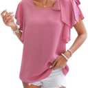 MakeMeChic Women's Knot Ruffle Short Sleeve Shirt Crew Neck Casual Blouse Summer Tops.Medium