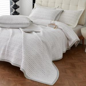 vctops Cotton Quilted Bedspread Quilt Set with 2 Pillow Shams Queen Size Stripe Embroidery Comforter Set Farmhouse Rustic Soft Lightweight Coverlet Bedding Set (White,Queen)