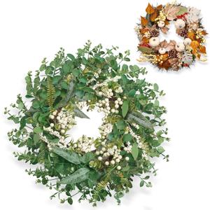 2PACK Spring Wreaths for Front Door Porch Wreath with Eucalyptus and Fall Pumpkin Berries Wreath for Indoor Outdoor Decor for Autumn Harvest Thanksgiving Holiday Celebrations