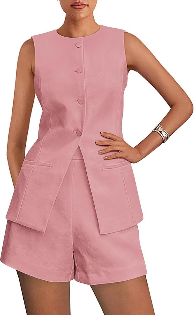 PRETTYGARDEN Two Piece Sets for Women Summer 2025 Button Down Suit Vest Tops High Waisted Shorts Business Casual Outfits (Medium, Pink)