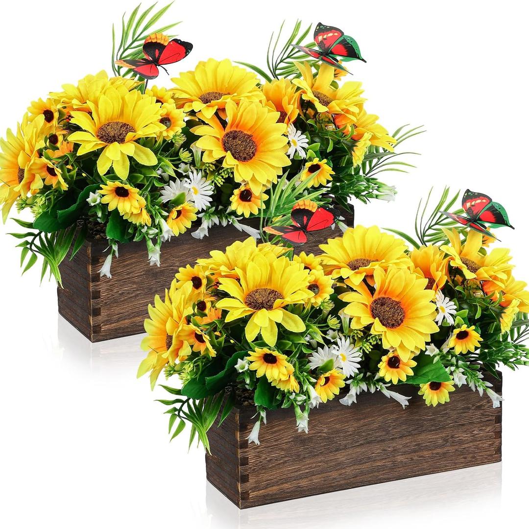 2 Pack Artificial Flower Centerpiece for Dining Table, Rustic Sunflower Flower Arrangement Wooden Planter Box Tray Spring Floral Arrangement for Farmhouse Wedding Reception Kitchen Decor