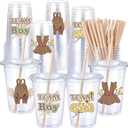 Qinyoung 100 Sets Neutral Gender Reveal Plastic Cups 16 oz Gender Reveal Party Decorations Overalls & Dresses Disposable Cups with Lid and Straw for Guests Baby Shower