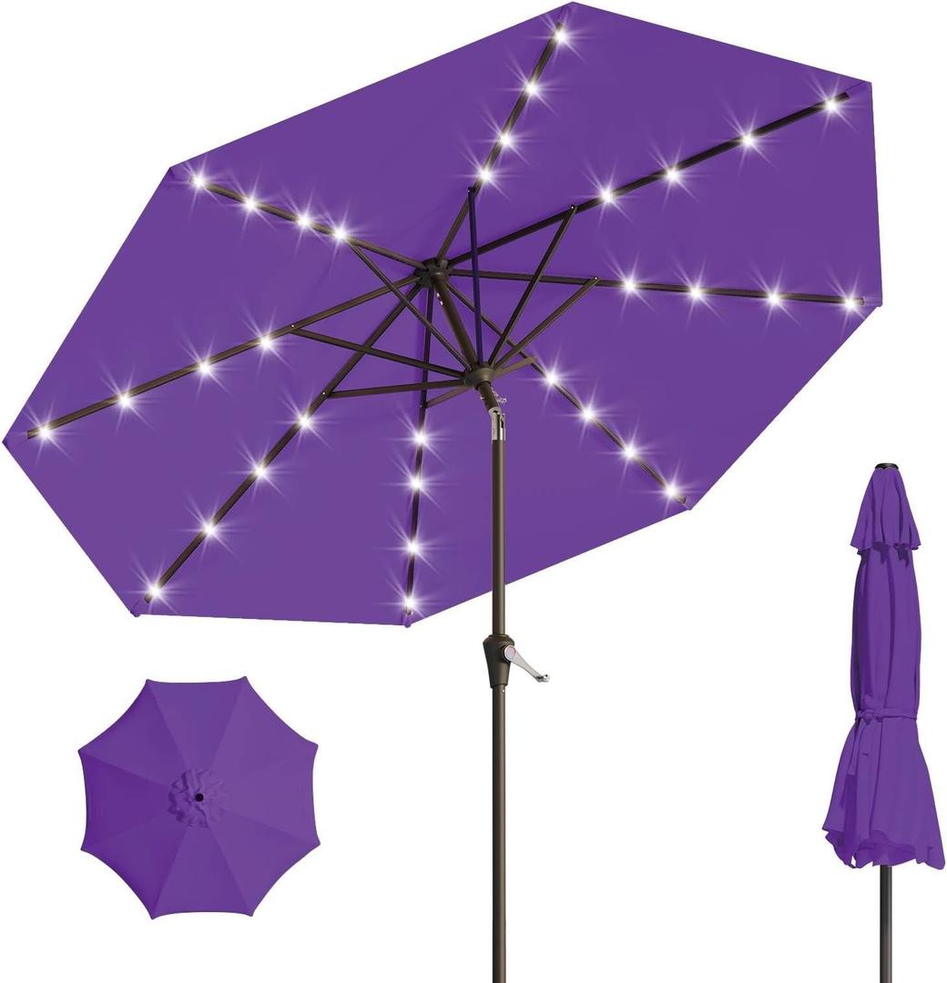 AreShark 9FT Patio Umbrella with Solar Lights, 32 Lighted Pool Umbrella w/Tilt and Crank, Outdoor Market Solar Umbrellas for Garden, Deck, Backyard, Pool and Beach, Purple
