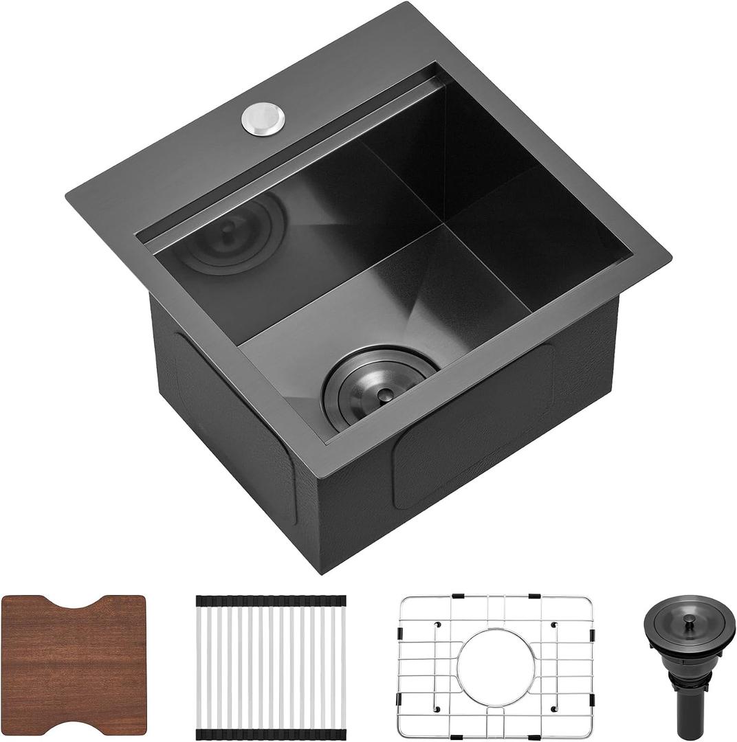 15 Black Drop In Workstation Bar Sink, Scamall 15x15x9 Black Stainless Steel Small Kitchen Sink 16 Gauge Deep Single Bowl Sink Bar Laundry Sink RV, Include Accessories