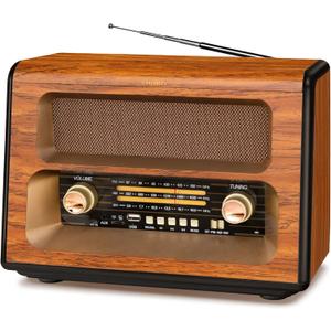 PRUNUS J-199 Large Vintage Radio Bluetooth, AM FM Radio Shortwave, 15W Crystal Speaker, Support AUX/TF Card/USB Playing, AC Charging, Rechargeable Battery and Battery Operated Radios, MIC Recording