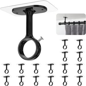 MUAKIOY Curtain Rod Holder Brackets, Ceiling Mount No Drill, Black Self Adhesive Heavy Duty Curtain Hooks Hanging 1.2" Dia Curtain Rods for Closet Wardrobe (16 Pack)