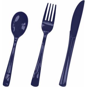 HEIPINIUYE 75 Pack Navy Blue Plastic Cutlery Heavy Duty Blue Plastic Knives Forks and Spoons Disposable Silverware Set for 25 Guest Camping Birthday Baby Shower Party Cutlery Set