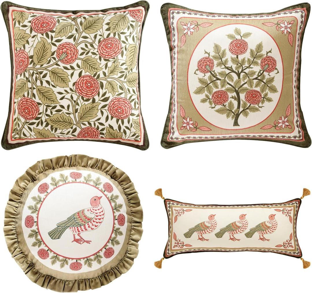bilin gaier Throw Pillow Covers Pack of 4,Brown Cozy Velvet Farmhouse with Birds and Floral Pattern Pillowcases,Decoration Square Round Lumbar Pillows Cushion Covers for Couch Sofa Bed Car Chair