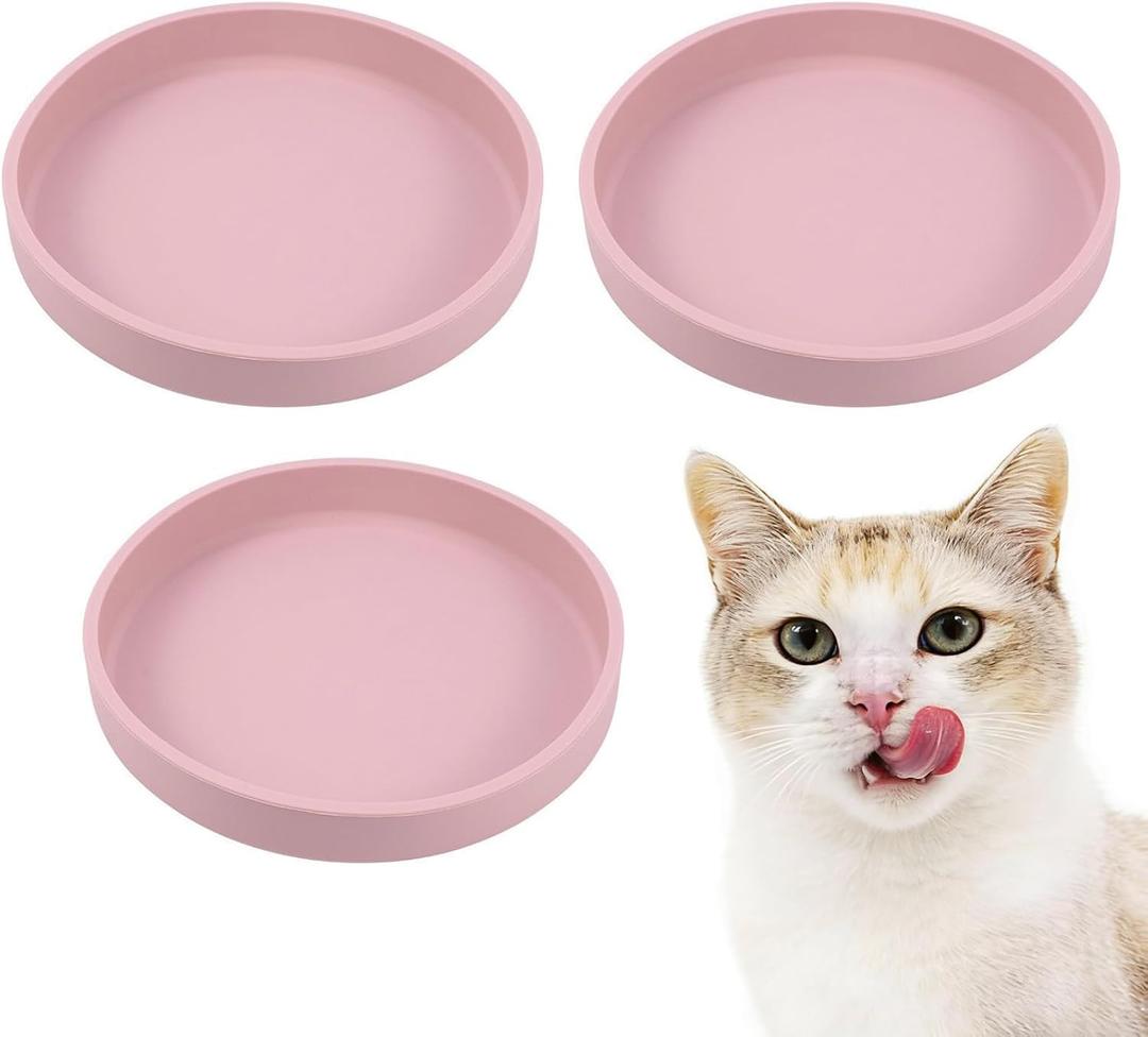 Silicone Dog Bowl Shallow Cat Food Bowls, 6 Inch Wide Cat Bowls Whisker Friendly, No Spill Less Mess Dog Plates for Dry and Wet Food, Set of 3 Puppy Bowls for Small Dogs and Cats (Pink)