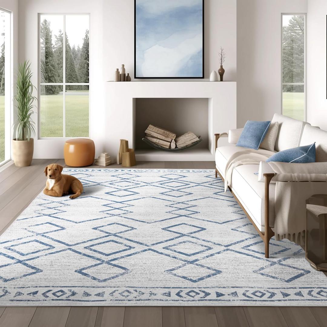 jinchan Moroccan 6x9 Area Rugs for Living Room  Machine Washable Soft Modern Geometric Stain Resistant UltraThin LowPile Large Rug NonSlip Carpet for Bedroom Kitchen Dining Room (6x9ft, Blue)