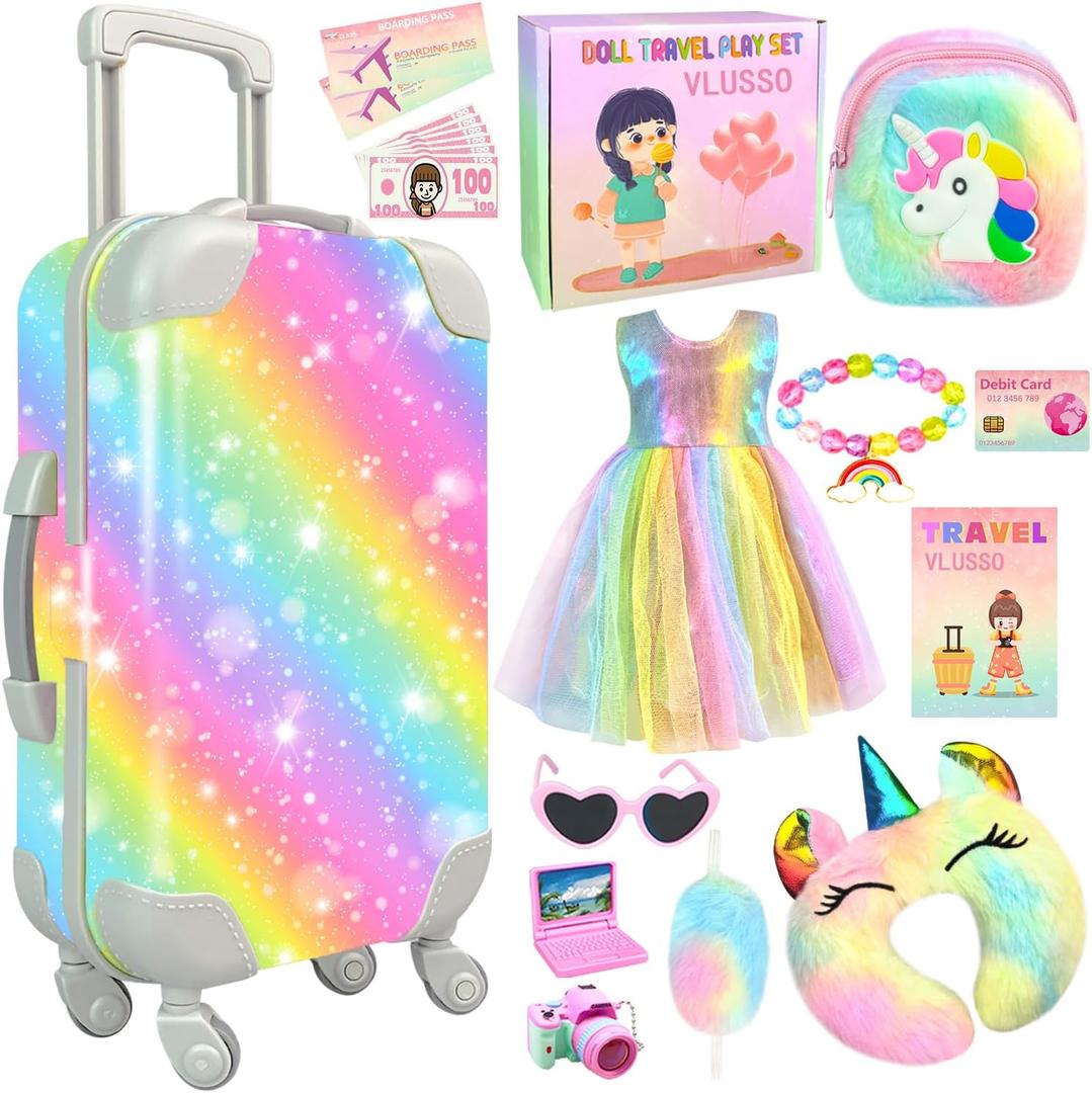 19Pcs 18 inch Girl Doll Accessories Case Luggage Travel Play Set with Clothes Camera Travel Pillow Bag Dress Glasses Stuff Fit 18 inch Doll Christmas Birthday Gift