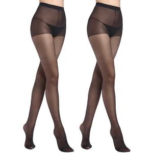 RubyRunk 2 Pack Sheer Tights for Women, Control Top Pantyhose, 15 Denier, run resistant black sheer tights reinforced toe, S