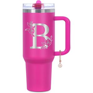 Personalized 40 oz Monogrammed Tumbler with Handle & Flip Straw, 100% Leak Proof stainless steel Insulated Tumbler, Customized Initial Funny Gifts for Women Mom Sisters Coworker, B