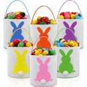 Honeydak 6 Pcs Canvas Easter Bunny Baskets for Kids Bulk Tote Bunny Egg Hunt Bags Printed Fluffy Tails Carry Bucket Cloth Present Storage Party Decorations Favors