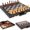 3 in 1 Magnetic Chess Set & Checkers Backgammon Board Game Set, 15" Wooden Folding Chess Board, Tournament Portable Travel Chess Set, Beginner Chess Board Game for Adults & Kids