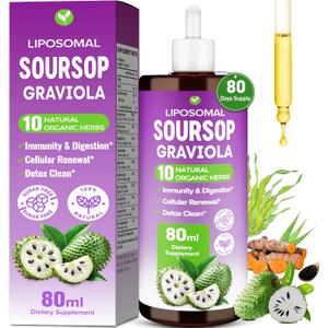 Soursop Bitters Liquid, 80ml Liposomal Multivitamin Blend with Organic Soursop Leaves, Black Seed Oil, for Cell Health, Immune, Gut Cleanse, Detox, Liver, Antioxidant, Zzz, Sugar Free -80 Days Supply