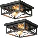 Kondras 2-Light Industrial Square Flush Mount Ceiling Light, Farmhouse Ceiling Light Fixture for Kitchen, Modern Black Close to Ceiling Light for Hallway Bedroom Balcony Porch Stairway, E26, 2-Pack