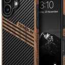 TENDLIN Compatible with iPhone 17 Case Wood Grain with Carbon Fiber Texture Design Leather Hybrid Slim Case (Three Stripe)