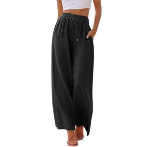 LILLUSORY Linen Wide Leg Pants Womens Palazzo Flowy Beach Vacation 2025 Summer Spring Fashion Outfits Clothes Clothing Trendy Skirt Cruise High Waisted Bohemian Travel Trousers with Pockets Black M