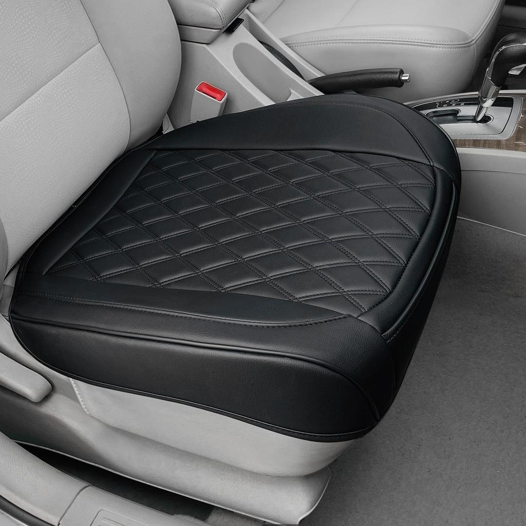 BEITK 1 Pack Leather Front Car Seat Cover Bottom Car Seat, Anti-Slip and Full Wrap Driver Car Seat Protectors, Luxury Waterproof Bottom Auto Seat Cushion Pad Mat for Most Vehicles(Black)