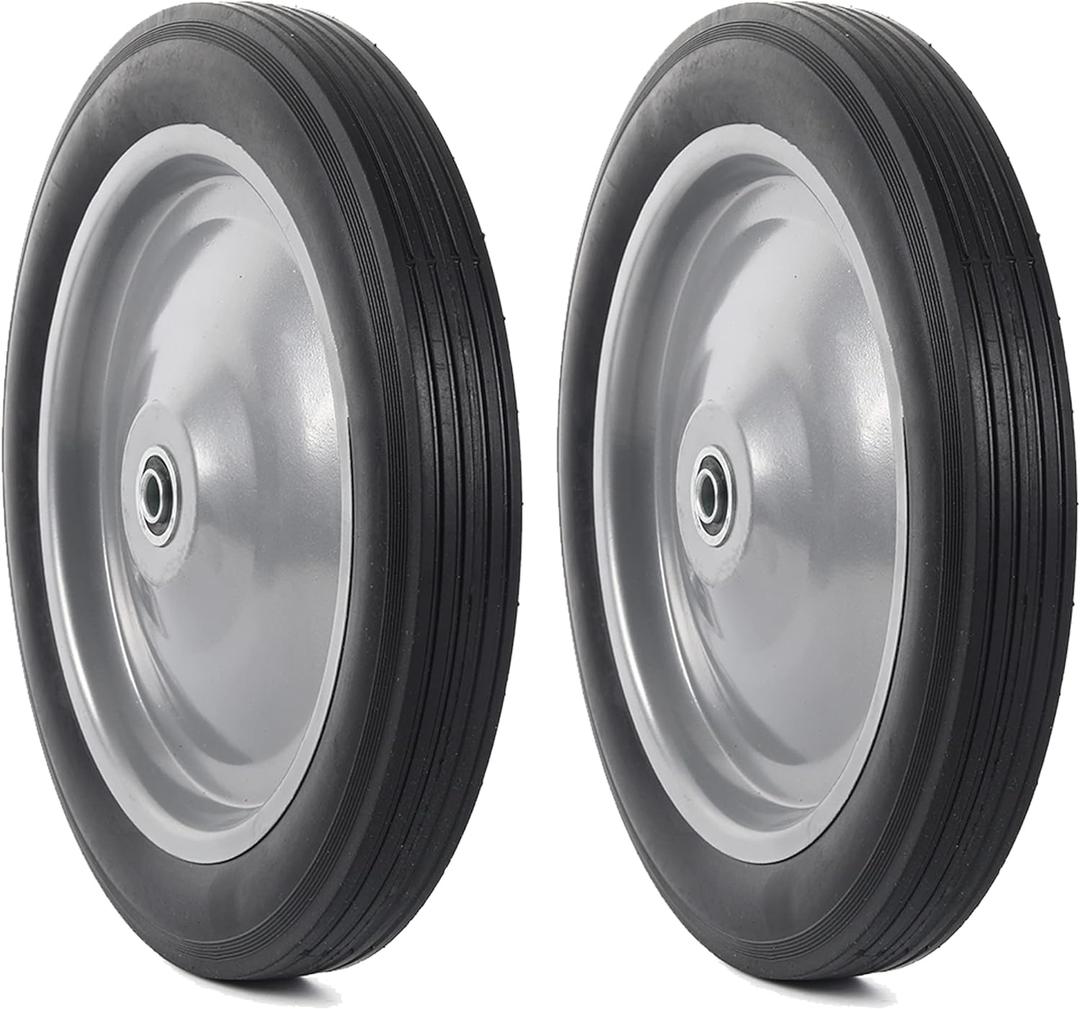 AR-PRO 12 x 1.75 Flat Free Solid Rubber Wheel Assemblies (2-Pack) - With Ball Bearings and 1/2 Bore Hole Diameter, 2.24" Centered Hub - Heavy-Duty Solid Rubber Wheels 176 lbs Load Capacity