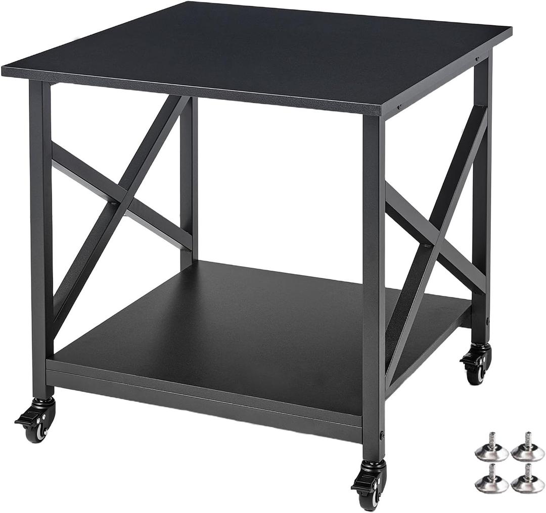 Fannova 2 Tier Large Printer Stand, 23.6 x 23.6 x 22.6 Inches Square Printer Table with Storage Shelf, Rolling Printer Cart with Industrial Wheels for Home Office, Mini Fridge Stand Table - Black