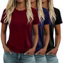 Huukeay 3 Pack Women's Cotton T Shirts Casual Short Sleeve Tunic Tops Crewneck Summer Plain Basic Loose Fit Tee(Black, Navy Blue, Wine Red, Large)