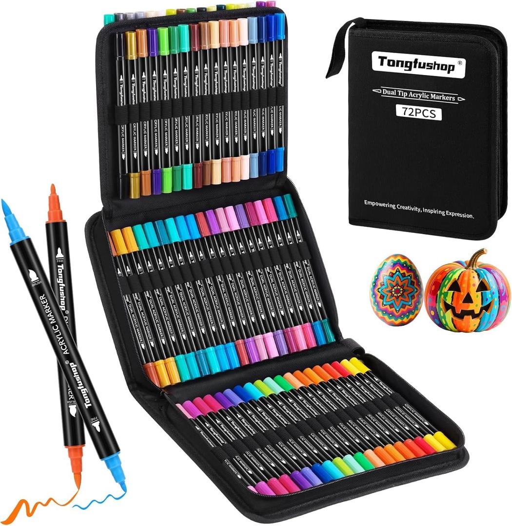 Tongfushop 72 Colors Acrylic Paint Markers, Dual Tip Acrylic Paint Pens for Rock Painting, Canvas, Wood, Stone, Glass, Ceramic, DIY Crafts, No Bleed Art Markers with Case for Artists, Kids & Adult