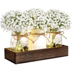 BLEUM CADE Centerpiece Table Decorations - Mason Jar Lights Centerpiece for Kitchen Dining Table Farmhouse Coffee Table Wedding Home Decor with 3 Jars Babys Breath Artificial Flowers & Wood Tray