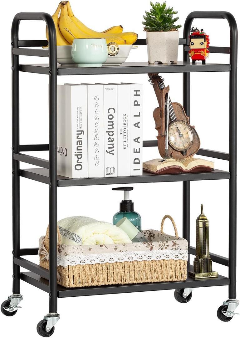 HDANI 3 Tier Rolling Cart Shelves,Heavy Duty Multifunctional Metal Frame-Supports 22 Lbs Per Tier,Rolling Cart with 2 Lockable Wheels for Home,Office,Kitchen,Bathroom,Bedroom,Black, Small