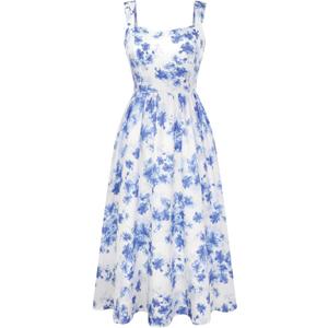 Belle Poque Women's Floral Midi Sundress with Pockets Sweetheart Neckline A Line Spring Summer Dresses for Wedding Guest Large